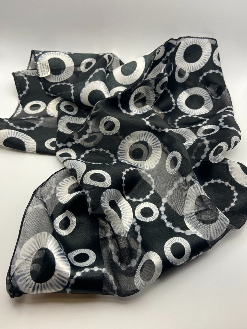 Vintage Black White Circle Pattern Scarf 80's to 90's 100% Polyester Korea
